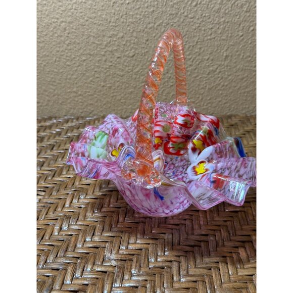Vintage Italian Splatter Millefiori Ruffled Glass Basket Murano Polished Base - Picture 3 of 8